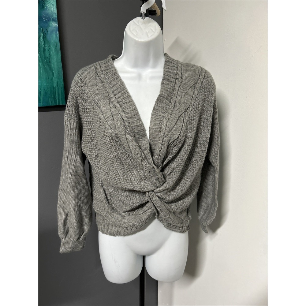 Full Circle Trends Women's L Knit Pullover‎ Twist Front Crop Front Sweater Gray